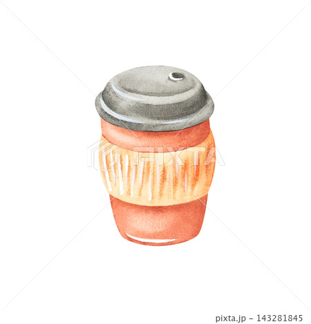 Watercolor cartoon cup for hot drinks. Hand-drawn morning coffee. Tea in a red takeaway cup for an autumn walk. Milk-based drink from a coffee shop. Suitable for designs, menus, and coffee shops. Watercolor cartoon cup for hot drinks. Hand-drawn morning coffee. Tea in a red takeaway cup for an autumn walk. Milk-based drink from a coffee shop. Suitable for designs, menus, and coffee shops. 143281845