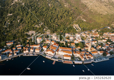 Aerial view of Perast coastline and historic town in Montenegro 143282620