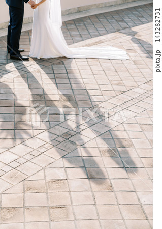 Bride and Groom Holding Hands on Tiled Terrace Bride and Groom Holding Hands on Tiled Terrace 143282731