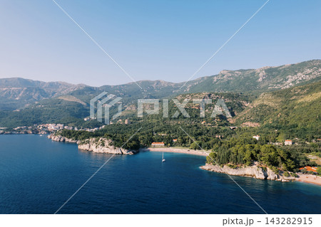 Aerial View of Villa Milocer and Adriatic Coastline Montenegro 143282915