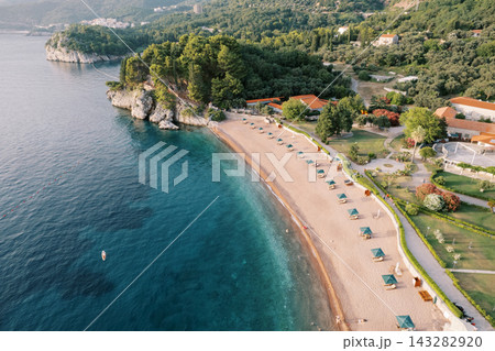Aerial View of Mogren Beach and Coastal Landscape in Budva Montenegro Aerial View of Mogren Beach and Coastal Landscape in Budva Montenegro 143282920