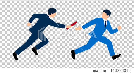 An illustration depicting two businessmen passing a baton while running, representing the handover of duties, business succession, and teamwork. An illustration depicting two businessmen passing a baton while running, representing the handover of duties, business succession, and teamwork. 143283010
