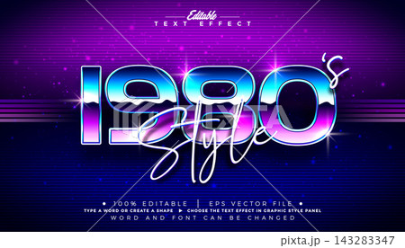 1980s Style Editable Text Effect Graphic Style with Chrome Typography Lettering on Retro Background. Premium Scalable Mockup Illustration Template for Greeting Card, Party Flyer, Sale Banner 143283347