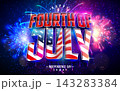 Fourth of July Independence Day of the USA Vector Illustration with American Flag in 3d Typography Lettering and Shiny Fireworks on Night Sky Background. 4th of July National 1776 Celebration Holiday 143283384
