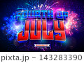 Fourth of July Independence Day of the USA Vector Illustration with American Flag Color 3d Typography Lettering and Shiny Fireworks on Night Sky Background. 4th of July National Celebration Holiday 143283390
