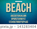 Vintage 3d Alphabet Font Set with Sand and Ocean Blue Beach Style Typography on Wavy Summer Holiday Background. Retro Typeface Design Collection with ABC, Number and Special Characters for Promotional 143283404