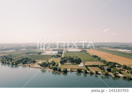 Aerial view of Martin Estates vineyards and farmland by water 143283703