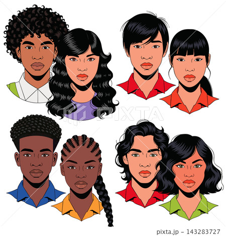 The image shows a digital illustration depicting a group of people with various hairstyles and colorful clothing 143283727