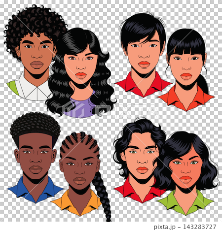 The image shows a digital illustration depicting a group of people with various hairstyles and colorful clothing The image shows a digital illustration depicting a group of people with various hairstyles and colorful clothing 143283727