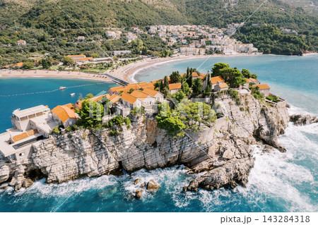 Aerial view of Aman Hotel on Sveti Stefan Island Montenegro Aerial view of Aman Hotel on Sveti Stefan Island Montenegro 143284318