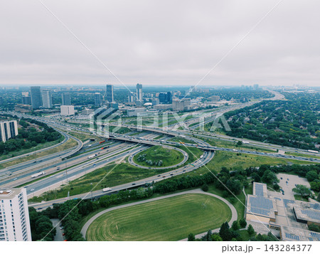 Aerial view of Highway 401 and North York skyline in Toronto Aerial view of Highway 401 and North York skyline in Toronto 143284377