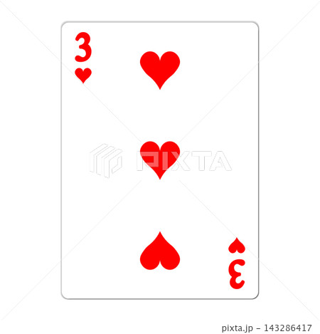 Three of hearts. Playing card with golden elements. Casino icons. Pictograms representing different suits. Vector illustration. Flat design for modern visual elements 143286417