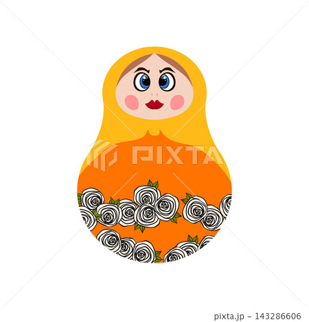 Russian Matryoshka. Traditional Russian folklore dolls with big eyes and lips. Babushka doll with hohloma, traditional painted floral pattern. Hand drawn vector illustration 143286606