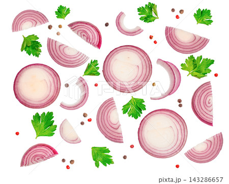 sliced red onions, purple onion rings, fresh parsley leaves, and scattered peppercorns and red seeds on white background pattern sliced red onions, purple onion rings, fresh parsley leaves, and scattered peppercorns and red seeds on white background pattern 143286657