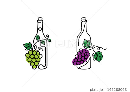 Wine bottles and grapes illustration in vector line art drawing style Wine bottles and grapes illustration in vector line art drawing style 143288068