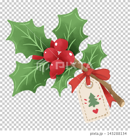 Christmas Holly Branch with Red Berries Ribbon and Gift Tag Festive Botanical Greenery Holiday Winter Farmhouse Seasonal Illustration 143288134