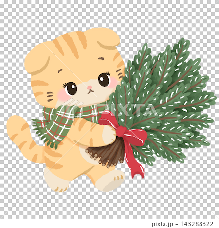 136. Cute Orange Tabby Cat Carrying Fresh Evergreen Christmas Tree with Red Bow Cozy Tree Farm Holiday Winter Kawaii Kitten Seasonal Illustration 143288322