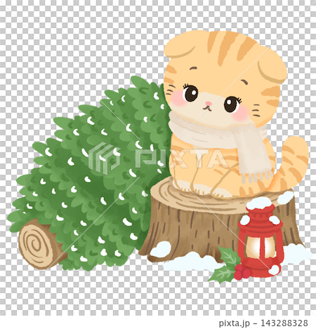 Cute Orange Tabby Cat Sitting on Snowy Tree Stump Beside Fresh Christmas Tree and Red Lantern Cozy Winter Tree Farm Kawaii Holiday Illustration Cute Orange Tabby Cat Sitting on Snowy Tree Stump Beside Fresh Christmas Tree and Red Lantern Cozy Winter Tree Farm Kawaii Holiday Illustration 143288328