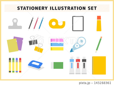文房具のイラストセット 付箋やクリップや修正テープ 絵の具やのりなどデスク事務用品ベクター素材 143288361
