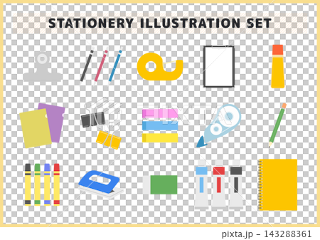 文房具のイラストセット 付箋やクリップや修正テープ 絵の具やのりなどデスク事務用品ベクター素材 143288361