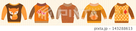 Cute orange and brown vector autumn sweaters with pumpkin, mushrooms and leaves, cozy jumpers for fall and Thanksgiving graphic design 143288613