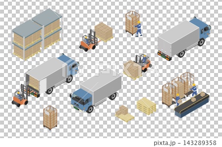 Isometric illustration: Truck and warehouse work set Isometric illustration: Truck and warehouse work set 143289358