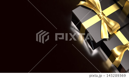 Elegant Black Gift Boxes with Golden Ribbons 3d render. Elegant Black Gift Boxes with Golden Ribbons 3d render. 143289369