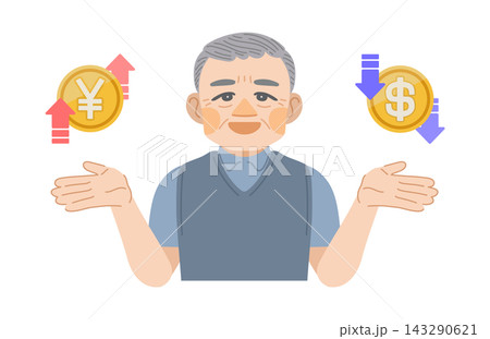 円高ドル安に喜ぶ高齢男性のイラスト 円高ドル安に喜ぶ高齢男性のイラスト 143290621