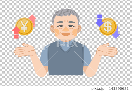 円高ドル安に喜ぶ高齢男性のイラスト 円高ドル安に喜ぶ高齢男性のイラスト 143290621