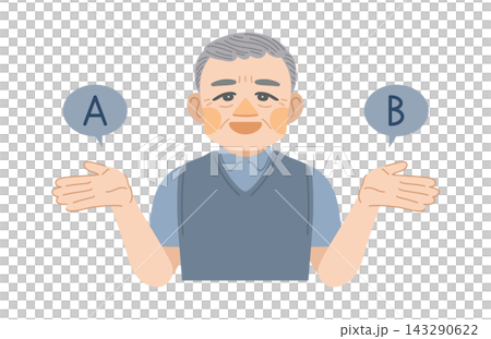 笑顔でA案とB案を提案する高齢男性のイラスト 143290622