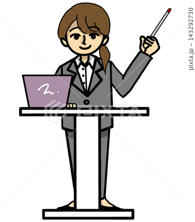 演台でパソコンを操作しながら指示棒を持って説明するスーツの女性(カラーイラスト素材) 演台でパソコンを操作しながら指示棒を持って説明するスーツの女性(カラーイラスト素材) 143292730
