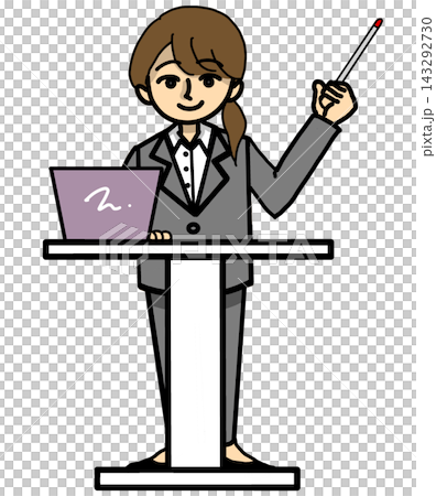 演台でパソコンを操作しながら指示棒を持って説明するスーツの女性(カラーイラスト素材) 演台でパソコンを操作しながら指示棒を持って説明するスーツの女性(カラーイラスト素材) 143292730