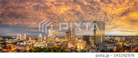 Aerial view of St Petersburg, Florida at golden hour. Coastal urban center with modern downtown district and surrounding neighborhoods. 143292976