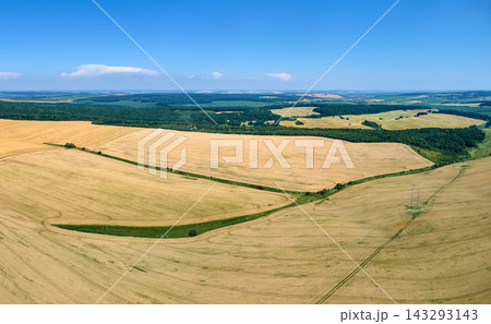 Aerial landscape view of yellow cultivated agricultural field with ripe wheat on bright summer day Aerial landscape view of yellow cultivated agricultural field with ripe wheat on bright summer day 143293143