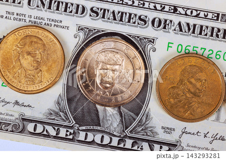 4 JULY 2026 Washington DC US One dollar bill is with President dollar coins beside it, one featuring President Donald Trump portrait in center 4 JULY 2026 Washington DC US One dollar bill is with President dollar coins beside it, one featuring President Donald Trump portrait in center 143293281