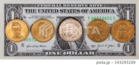 4 JULY 2026 Washington DC US President Donald Trump dollar Coins from different US President placed next to one dollar bill on flat surface. 4 JULY 2026 Washington DC US President Donald Trump dollar Coins from different US President placed next to one dollar bill on flat surface. 143293289