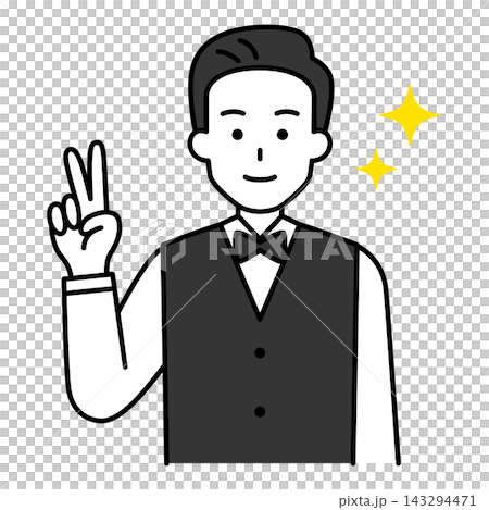 A male restaurant employee makes a peace sign. 143294471