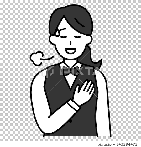 A female restaurant employee puts her hand on her chest and looks relieved. A female restaurant employee puts her hand on her chest and looks relieved. 143294472