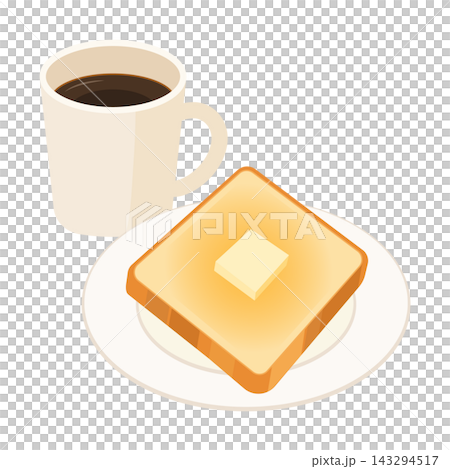 An illustration of coffee in a mug and buttered toast on a plate. An illustration of coffee in a mug and buttered toast on a plate. 143294517