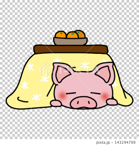 A pig sleeping under a heated table (kotatsu) 143294789