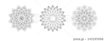 Mandala flower dotwork set. Stippled round ornament background collection. Noise grain pattern shapes. Pixel floral petal decoration. Vector radial dotted design for tattoo, clothes, badge, sticker 143295098