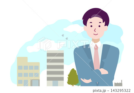 街並みを背景に腕組みするビジネス男性のイラスト 街並みを背景に腕組みするビジネス男性のイラスト 143295322