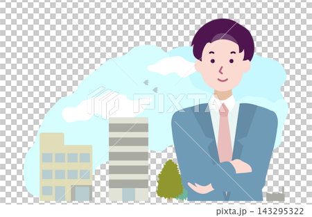 街並みを背景に腕組みするビジネス男性のイラスト 街並みを背景に腕組みするビジネス男性のイラスト 143295322