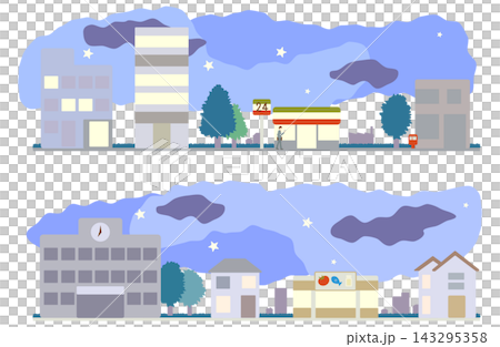 一組插圖,描繪了星空下的夜景城市景觀,包括學校、商店和房屋。 一組插圖,描繪了星空下的夜景城市景觀,包括學校、商店和房屋。 143295358