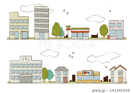 学校や店舗と住宅が並ぶ街並みイラストセット　線あり 143295359
