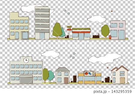 学校や店舗と住宅が並ぶ街並みイラストセット　線あり 143295359