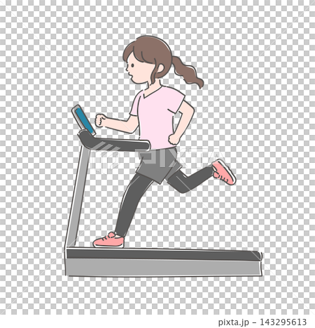ランニングマシンで走る若い女性|横からの視点 ランニングマシンで走る若い女性|横からの視点 143295613
