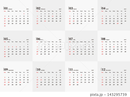 2027年のシンプルな月別カレンダー 12ヶ月セット 日本の祝日 143295739