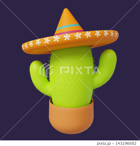 3D rendering of 3D green cactus with sombrero hat illustration for Day of the Dead 143296082