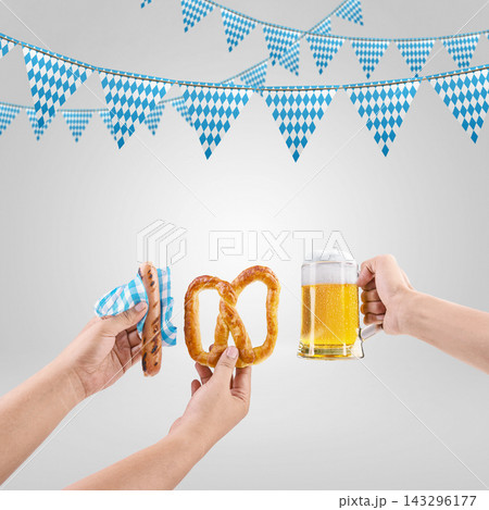 Oktoberfest celebration with traditional Bavarian food like sausage, pretzel, and beer mug, decorated with blue and white diamond bunting flags on gray background. Bavarian Oktoberfest Festival 143296177